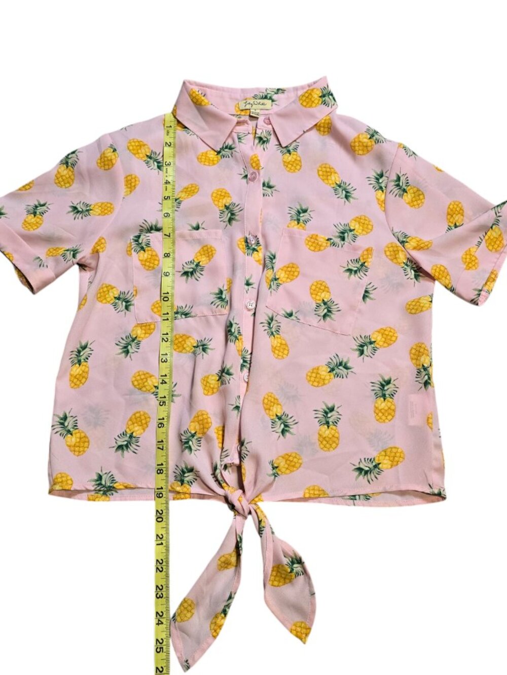 Lily White Women’s Short Sleeve Sheer Pink Pineapple Pattern Front Tie Button Up - Picture 4 of 9